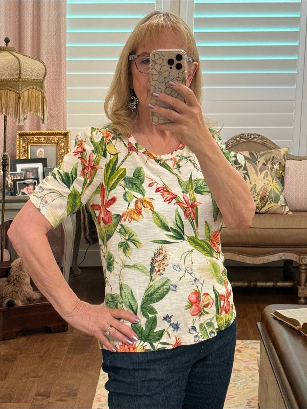 Chico's White Short-Sleeve Top with Green & Orange Floral Print